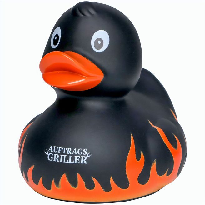 Quietsche-Ente Flammen mit Slogan Auftragsgriller