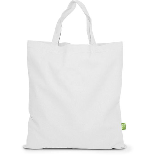 eine weiße tasche mit einem grünen etikett darauf BIO-Baumwolltasche mit kurzen Henkeln (Bild 1)