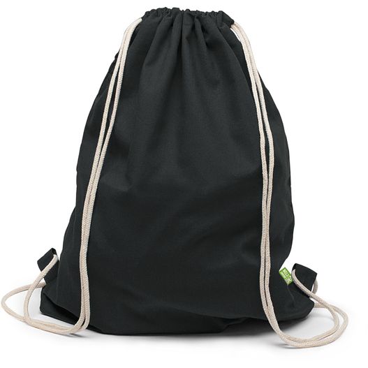 eine schwarze tasche mit einer weißen saite darauf BIO-Baumwollrucksack mit Kordelzug (Bild 1)