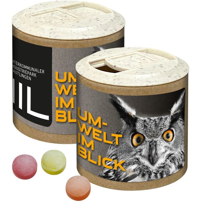 Produktabbildung Papier-Werbedose mit XS-Kalfany-Fruchtbonbons, 85g Papier-Werbedose mit XS-Kalfany-Fruchtbonbons, 85g