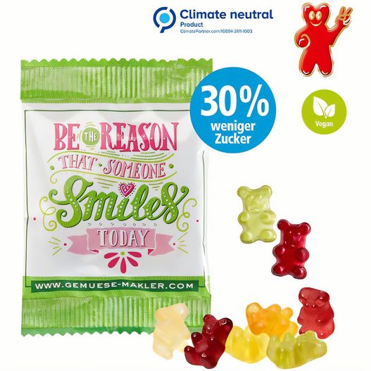 eine tasche von gummy bären mit ein sign auf sie Vegane Smart-Bärchen im konventionellen Tütchen (Bild 1)