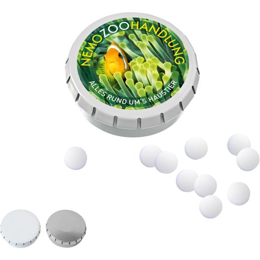 Produktabbildung SUPER-MINI-Drück-mich-Dose mit Pfefferminzpastillen, 20g SUPER-MINI-Drück-mich-Dose mit Pfefferminzpastillen, 20g (Bild 1)