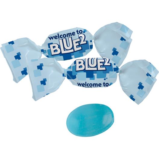 Blaues Bonbons im kompostierbaren Werbewickel (Bild 1)