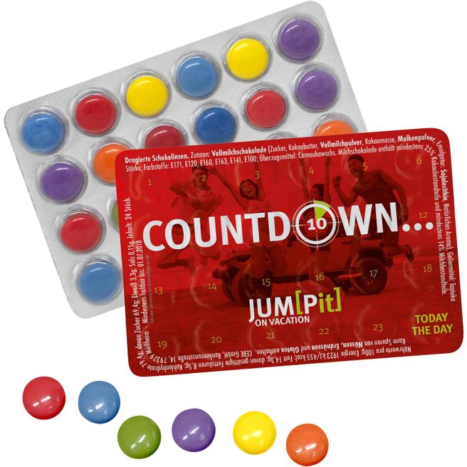 Produktabbildung Kleinster Event-Kalender der Welt mit 24 bunten Schokolinsen Kleinster Event-Kalender der Welt mit 24 bunten Schokolinsen