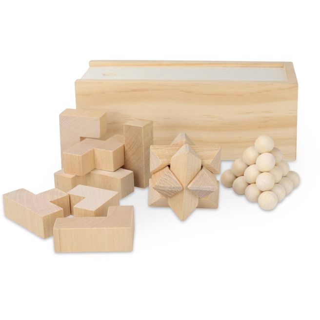 Dieses nachhaltige Set enthält drei spannende Denkspiele: ein Sternenpuzzle, ein Pyramidenpuzzle und ein 3D-Würfelpuzzle, die alle aus FSC-Holz gefertigt sind. Sie sind in einer FSC-Holzbox