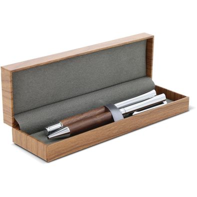 Set Kugelschreiber und Rollerball aus Metall Nussbaumholz in Geschenkbox