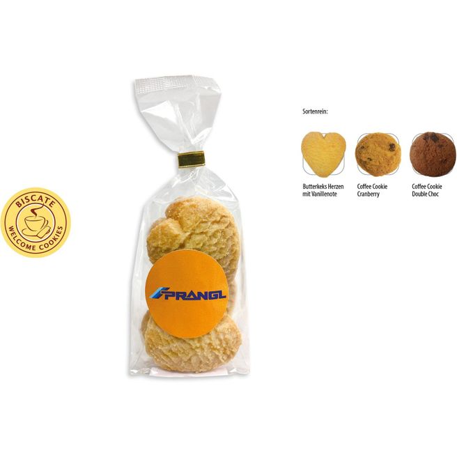 Cookies Bodenstandbeutel mit Werbeaufkleber, Butterkeks Herzen