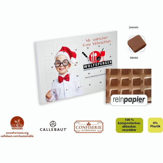 Tisch Adventskalender aus Reinpapier individuell bedruckt (Saisonprodukt zu Weihnachten) - Callebaut Vollmilch Schokolade (ca. 48 g) (Bild 1)