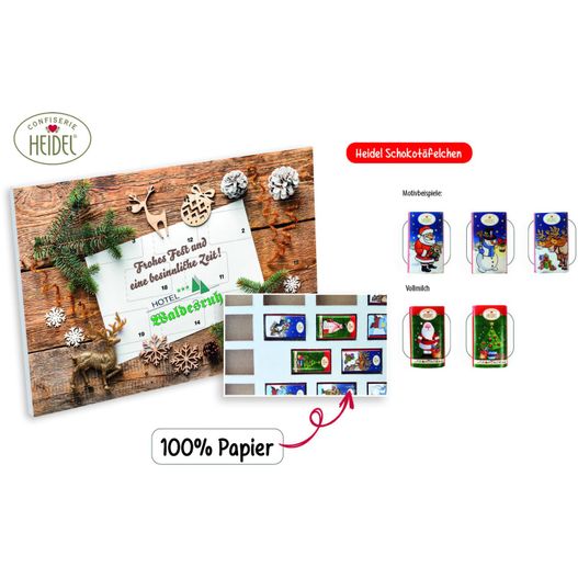 Tisch Adventskalender HEIDEL aus 100% Papier Standardmotiv (Saisonprodukt zu Weihnachten), Heidel Schokoladentäfelchen (ca. 72 g) (Bild 1)