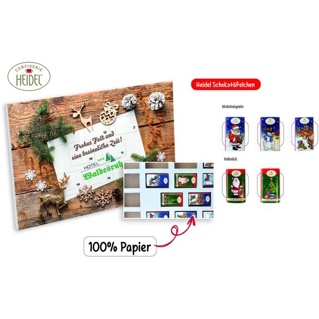 Tisch Adventskalender HEIDEL aus 100% Papier Standardmotiv (Saisonprodukt zu Weihnachten), Heidel Schokoladentäfelchen (ca. 72 g)