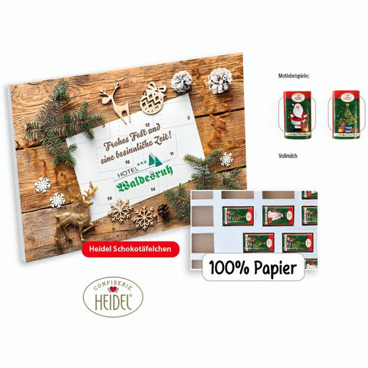 Tisch Adventskalender HEIDEL aus 100% Papier Standardmotiv (Saisonprodukt zu Weihnachten), Heidel Schokoladentäfelchen (ca. 72 g) (Bild 1)