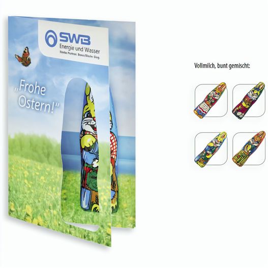 Produktabbildung Faltkarte mit individuellem Druck - Schokofigur, Figur aus Edel-Vollmilchschokolade (Osterhase) (ca. 6 g) Faltkarte mit individuellem Druck - Schokofigur, Figur aus Edel-Vollmilchschokolade (Osterhase) (ca. 6 g) (Bild 1)