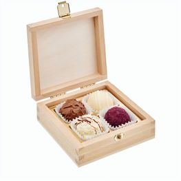 4er Pralinen-/Trüffelmix in Holzbox, Pralinen/Trüffel mit Alkohol