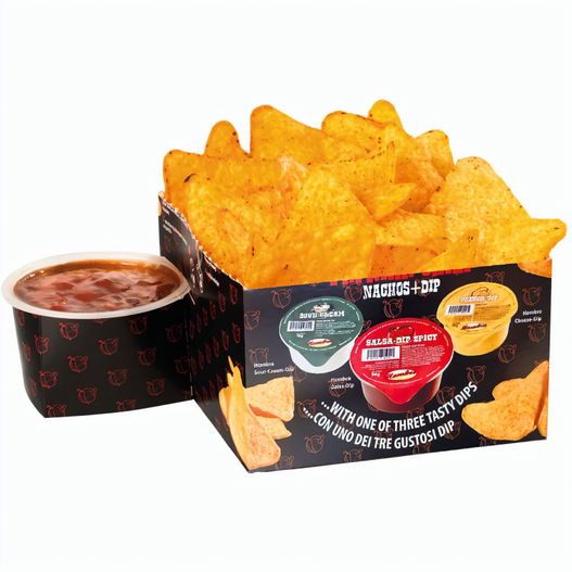 Nacho Box im Schuber, Nachos Paprika-Chili, Sour Cream, ca. 100 g + 90 g (Dip) (Bild 1)