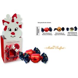Weihnachtspralinés in Motivkartonage "Rentier" (Saisonprodukt zu Weihnachten), Pralinen Milchschokolade und weiße Schokolade mit Haselnusscremefüllung (ca. 75 g)