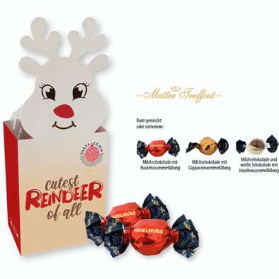 Weihnachtspralinés in Motivkartonage "Rentier" (Saisonprodukt zu Weihnachten), Pralinen Milchschokolade und weiße Schokolade mit Haselnusscremefüllung (ca. 75 g)