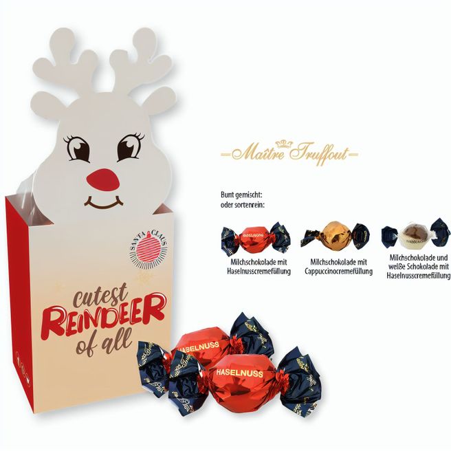 Weihnachtspralinés in Motivkartonage "Rentier" (Saisonprodukt zu Weihnachten), Pralinen Milchschokolade mit Haselnusscremefüllung (ca. 75 g)
