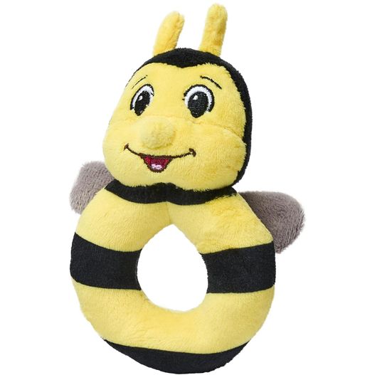 eine kleine gelbe und schwarze biene, die auf einer weißen oberfläche sitzt rPET BABY GREIFRING BIENCHEN (Bild 1)