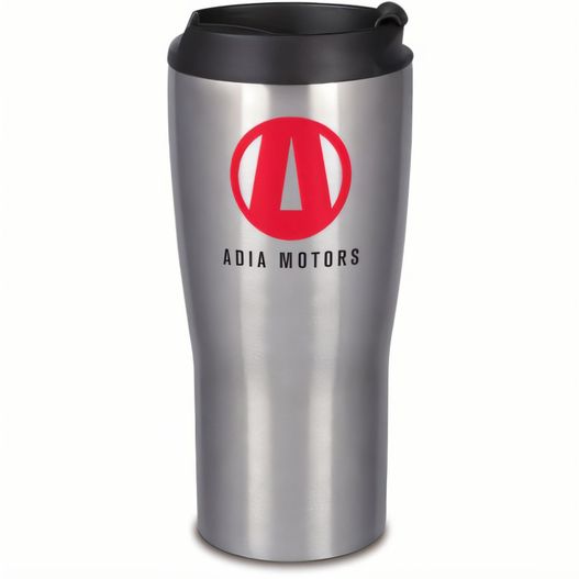 ein rostfreier reisebecher mit einem roten und schwarzen logo Kössinger Trophy Vakuumthermodose (Bild 1)