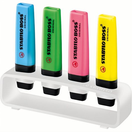 eine gruppe von vier röhren von zahnpasta auf einem weißen ständer STABILO BOSS ORIGINAL 4er Tisch-Set Leuchtmarkierer (Bild 1)