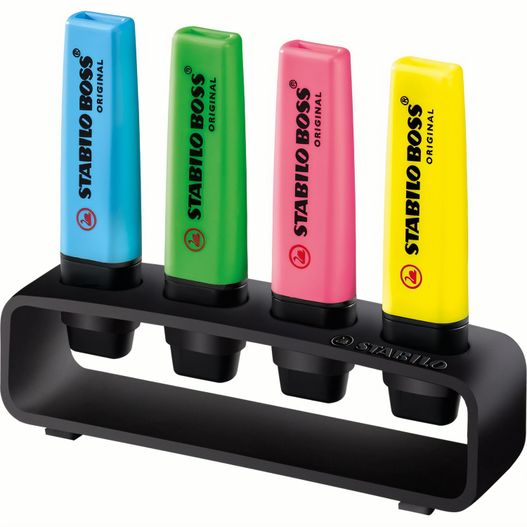 ein schwarzer ständer mit vier verschiedenen farbigen röhren STABILO BOSS ORIGINAL 4er Tisch-Set Leuchtmarkierer (Bild 1)