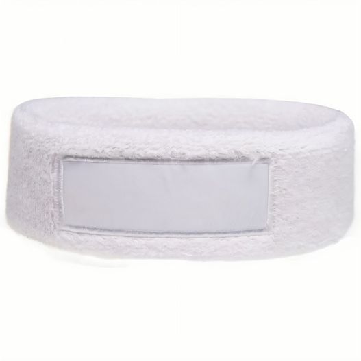 ein weißes armband mit einem namensschild darauf Frottier Stirnband mit Label (Bild 1)