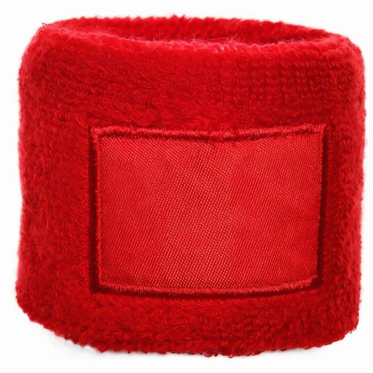 ein rotes armband mit einem roten label darauf Frottier Armschweißband mit Label (Bild 1)