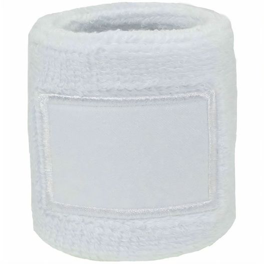 ein weißes armband mit einem weißen label darauf Frottier Armschweißband mit Label (Bild 1)