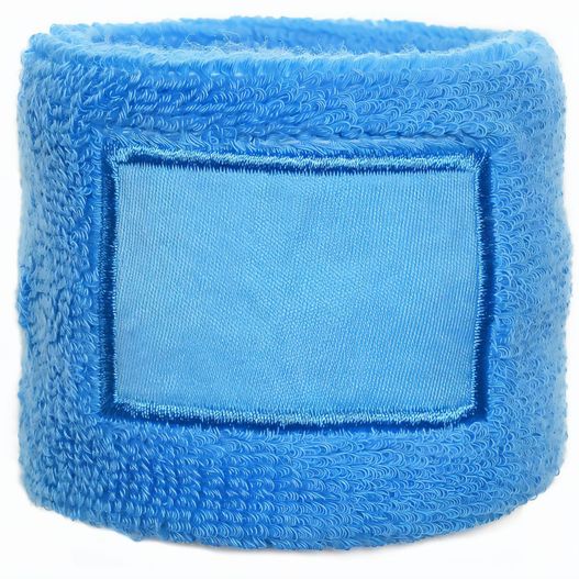 ein blaues armband mit einem blauen label darauf Frottier Armschweißband mit Label (Bild 1)