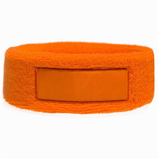 ein oranges armband mit einem lederlabel Frottier Stirnband mit Label (Bild 1)