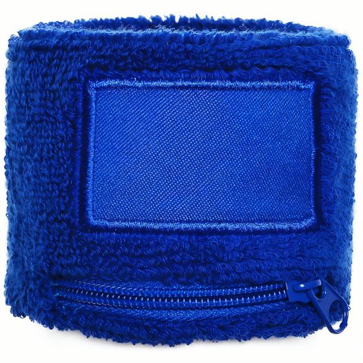 ein blaues armband mit einem reißverschluss darauf Frottier Armschweißband mit Label und Reißverschlußfach (Bild 1)