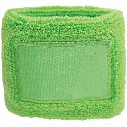 ein grünes armband mit einem leeren etikett Frottier Armschweißband mit Label (Bild 1)