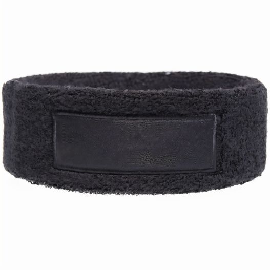 ein schwarzes stirnband mit einem lederetikett darauf Frottier Stirnband mit Label (Bild 1)