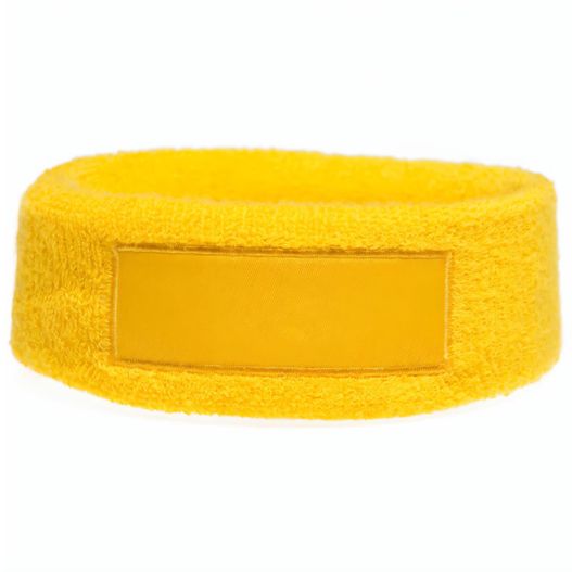 ein gelbes armband mit einem namensschild Frottier Stirnband mit Label (Bild 1)