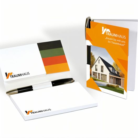 ein notizblock und stift auf einem weißen schreibtisch sitzen Haftset 08 mit individualisierbaren Papiermarkern (Bild 1)