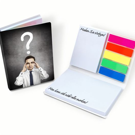 ein notizblock mit einem bild eines mannes mit einem fragezeichen darauf Haftset 04 mit Kunststoffmarkerset (Bild 1)