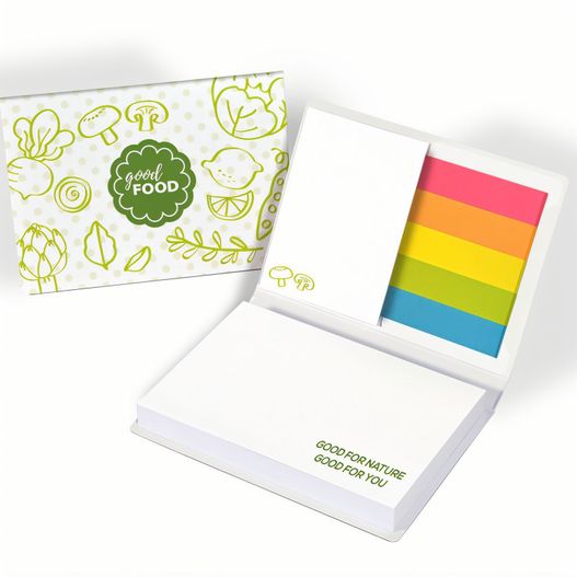 ein notizblock in einer box mit einem regenbogen klebrigen pad Haftset 05 mit Papiermarkerset (Bild 1)