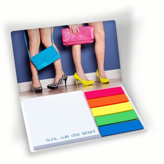 ein notizblock mit einem bild von zwei frauen mit bunten schuhen Haftset 02 mit Kunststoffmarkerset (Bild 1)