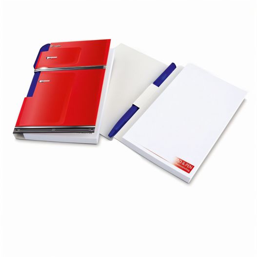 ein rotes und weißes notizbuch mit einem stift und papier Pad & Pen im Kartonumschlag (Bild 1)