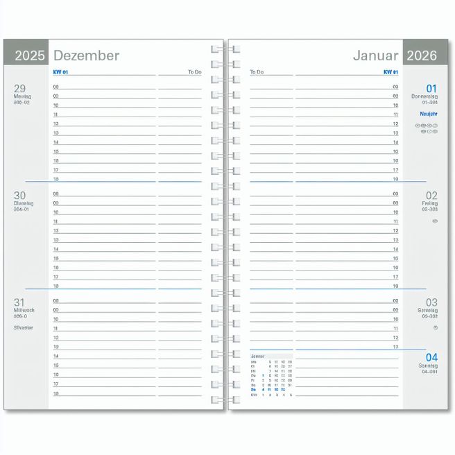 Taschentimer "Luxus" im Format 10,5 x 16,5 cm, deutsche Version, 128 Seiten, Wire-O-Bindung, Kartoneinband, PP-Einband mittelblau