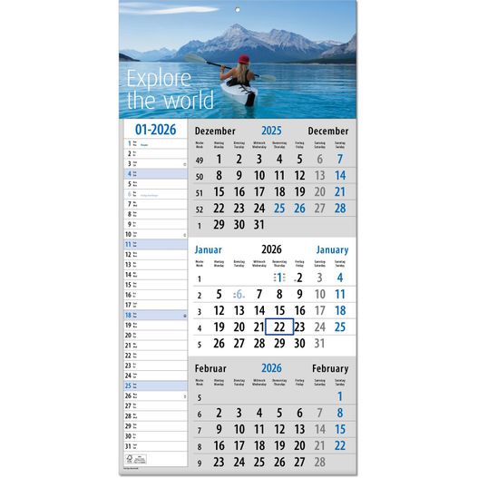 Produktabbildung Drei-Monats-Planer "Trio Plus" im Format 30 x 60 cm, blauer Datumsweiser umgelegt Drei-Monats-Planer "Trio Plus" im Format 30 x 60 cm, blauer Datumsweiser umgelegt (Bild 1)