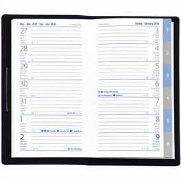 Taschenplaner "Exquisit Register INT" im Format 9,5 x 16 cm, Kalendarium 4-sprachig D/F/I/GB Grau/Blau mit Registerstanzung, 64 Seiten gebunden + 16 Seiten Adressheft Register, eingesteckt in Slinky-Hülle schwarz
