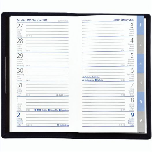Produktabbildung Taschenplaner "Exquisit Register INT" im Format 9,5 x 16 cm, Kalendarium 4-sprachig D/F/I/GB Grau/Blau mit Registerstanzung, 64 Seiten gebunden + 16 Seiten Adressheft Register, eingesteckt in Slinky-Hülle schwarz Taschenplaner "Exquisit Register INT" im Format 9,5 x 16 cm, Kalendarium 4-sprachig D/F/I/GB Grau/Blau mit Registerstanzung, 64 Seiten gebunden + 16 Seiten Adressheft Register, eingesteckt in Slinky-Hülle schwarz (Bild 1)