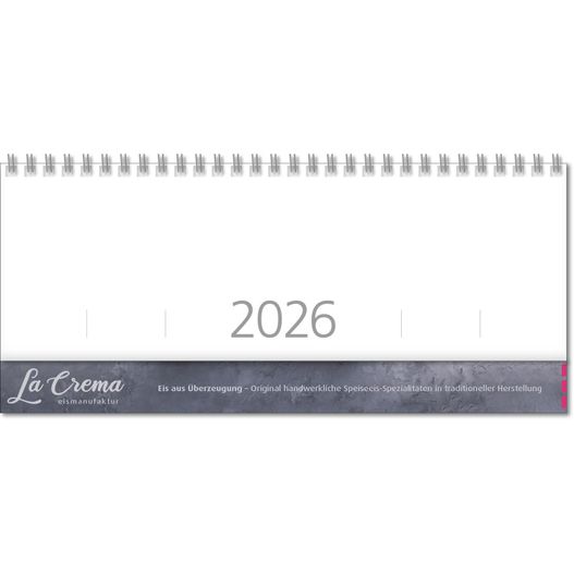 Schreibtischquerkalender "Typo" mit überstehender Kartonrückwand im Format 30,5 x 13,5 cm, 112 Seiten, Version deutsch (Bild 1)