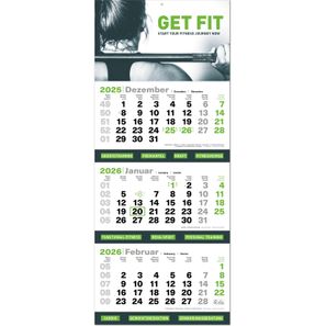 3-Monats-Kalender "Green3plus" mit deutsch-mehrsprachigem Kalendarium im Format 34 x 81,6 cm