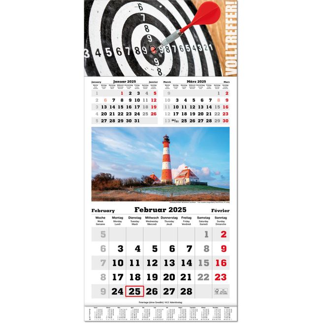Drei-Monats-Kalender "Classic Bildplaner" im Format 30 x 63 cm, Datumsweiser umgelegt, mit Übersichtskalendarium auf der Fußleiste