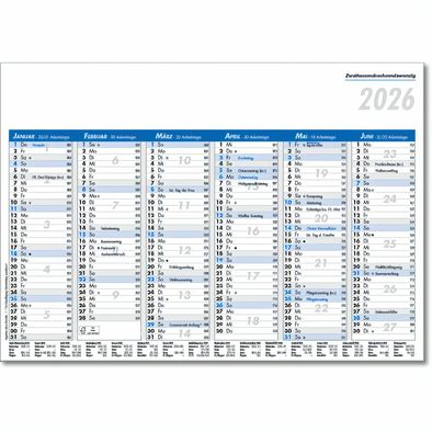Tafelkalender im Format DIN A5, 21 x 14,8 cm, Kalendarium in blau/schwarz