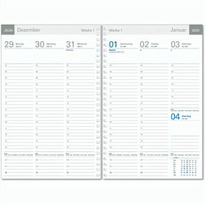 Wochentimer "Luxus" im Format 17 x 25 cm, deutsche Version, 128 Seiten, Wire-O-Bindung, ohne Eckenperforation, PP-Einband dunkelblau