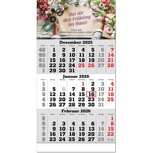 Drei-Monats-Planer "Classic" mit Fußleiste im Format 30 x 58 cm, grau, Datumsweiser umgelegt (Bild 1)