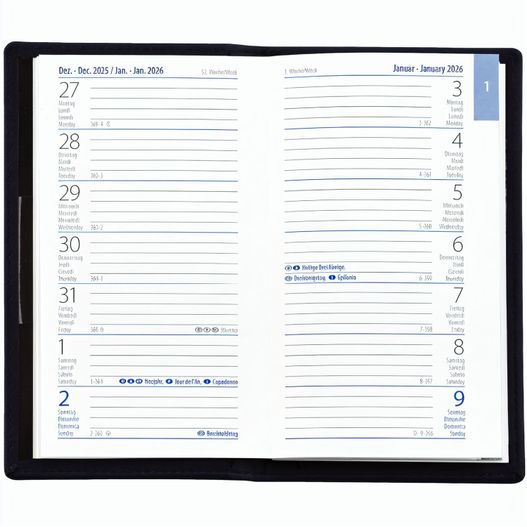 Produktabbildung Taschenplaner "Exquisit" im Format 9,5 x 16 cm, Kalendarium 4-sprachig D/F/I/GB Grau/Blau, 64 Seiten gebunden + 16 Seiten ABC-Heft, eingesteckt in PVC-Hülle schwarz Taschenplaner "Exquisit" im Format 9,5 x 16 cm, Kalendarium 4-sprachig D/F/I/GB Grau/Blau, 64 Seiten gebunden + 16 Seiten ABC-Heft, eingesteckt in PVC-Hülle schwarz (Bild 1)